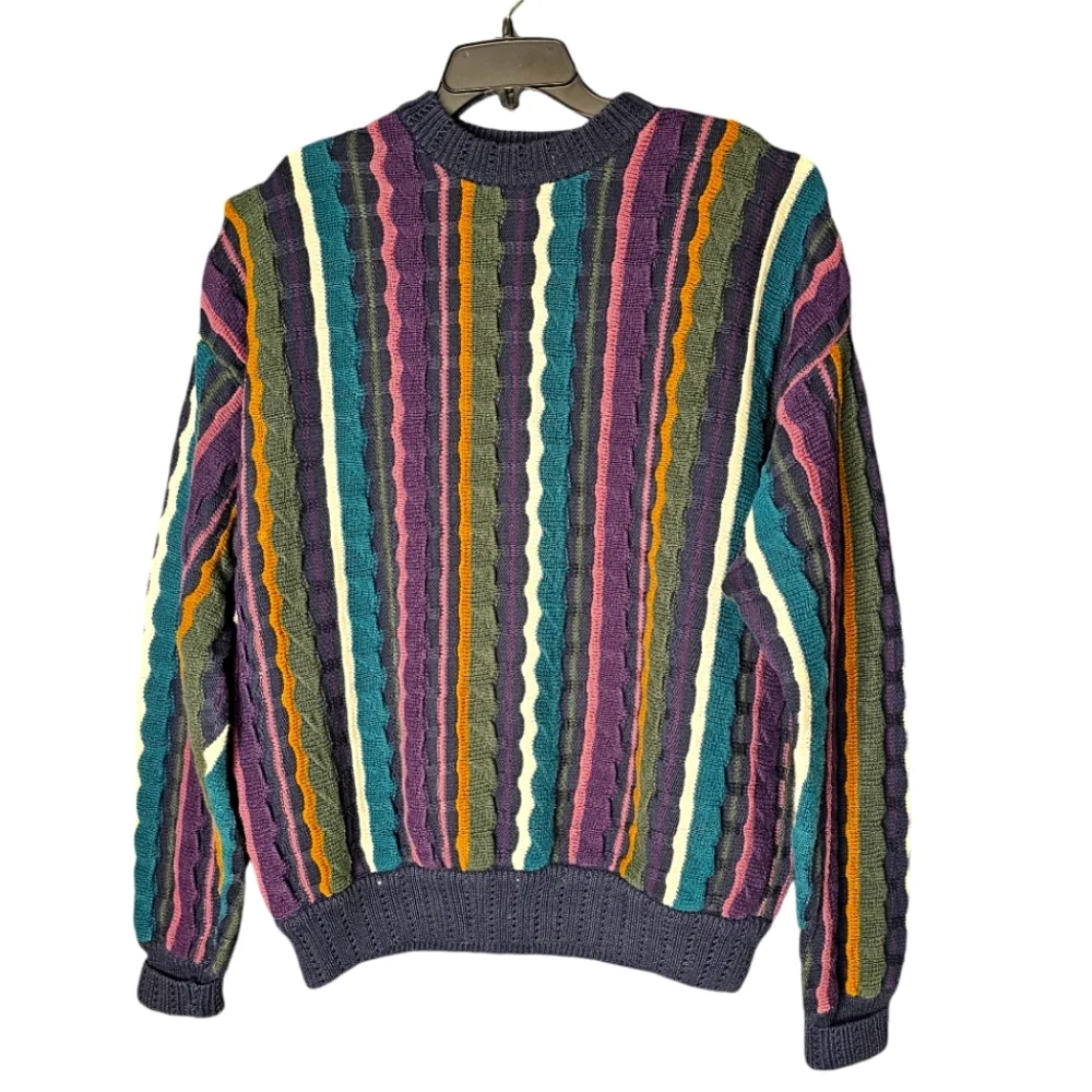 Y2K Structure 3D Multi-Colored Striped Crew Neck Cotton Size Mens L - Picture 1 of 10